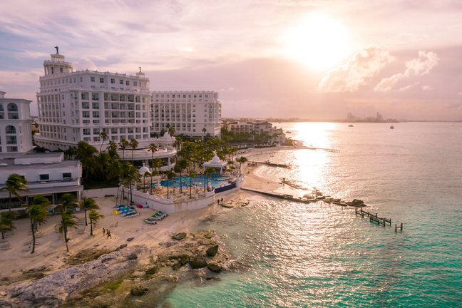 View of beautiful Hotel in the hotel zone of Cancun. Riviera Maya region in Quintana roo on Yucatan Peninsula. Aerial panoramic view of all-inclusive resort.